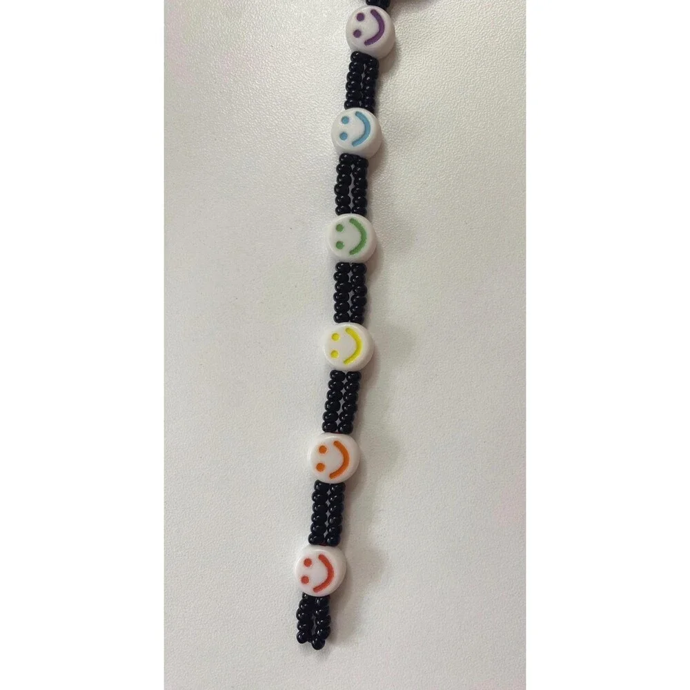 Black Beaded Faux Leather Keychain LGBTQ Flag Rainbow Smiley Charms